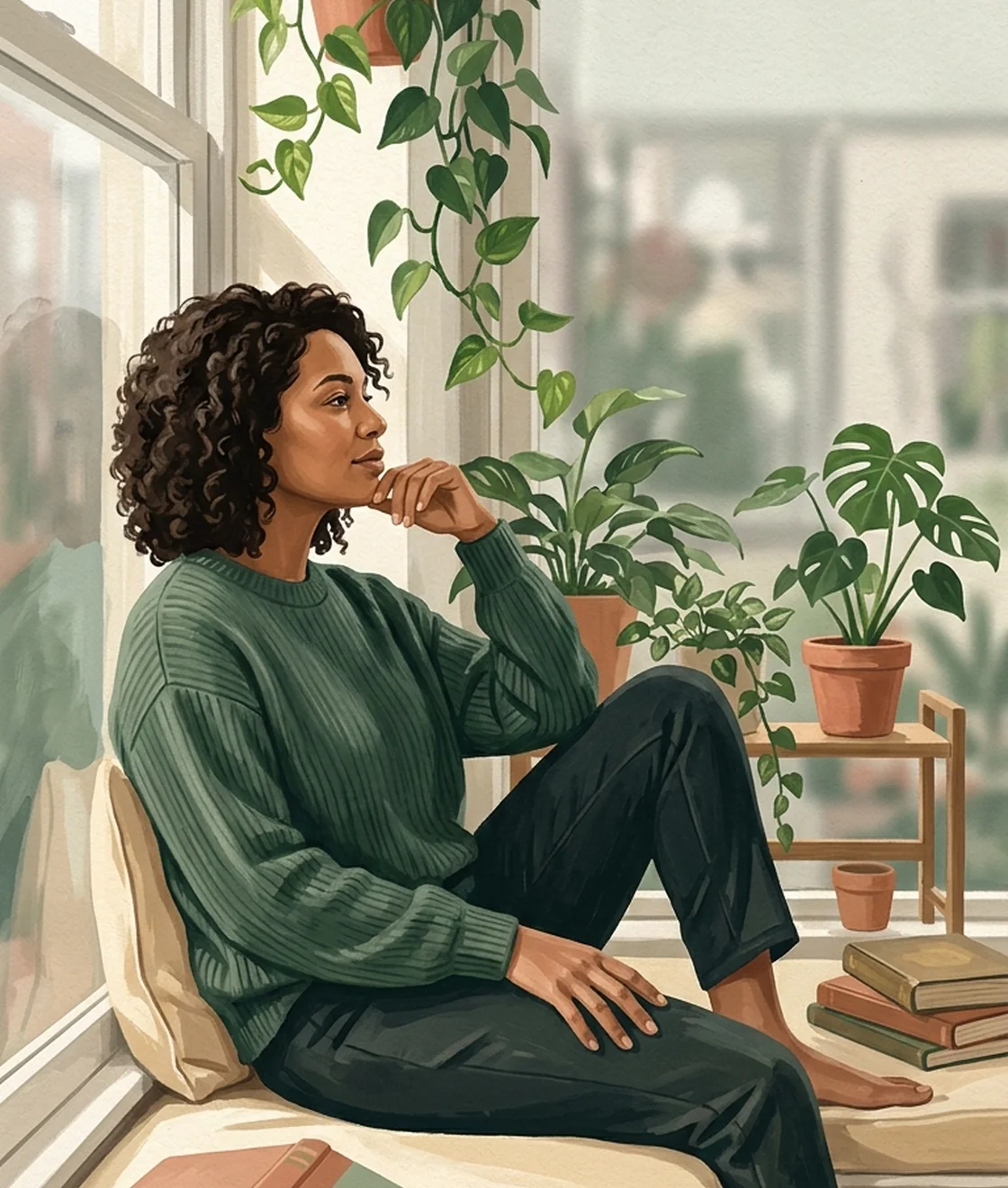 A person resting by a sunlit window with plants, in a calm editorial illustration