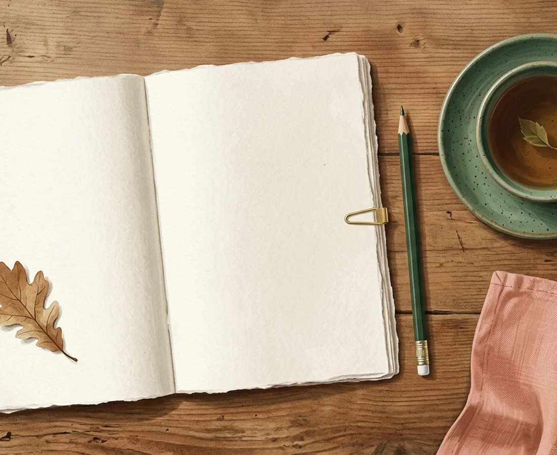 A warm illustrated desk with journal, tea and gentle morning light