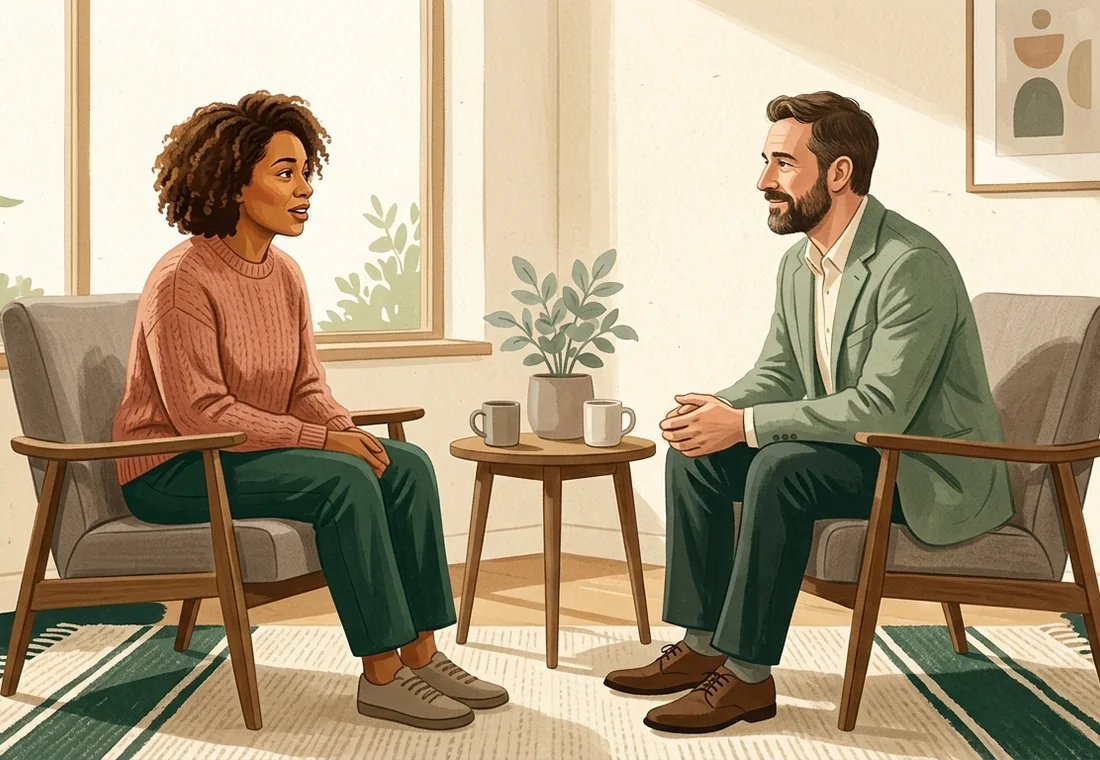 Two people having a calm, supportive conversation